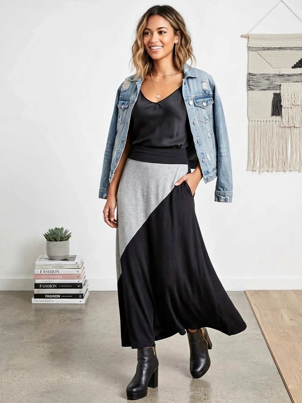 Finn & Clover Color Block Maxi Skirt in Black & Gray